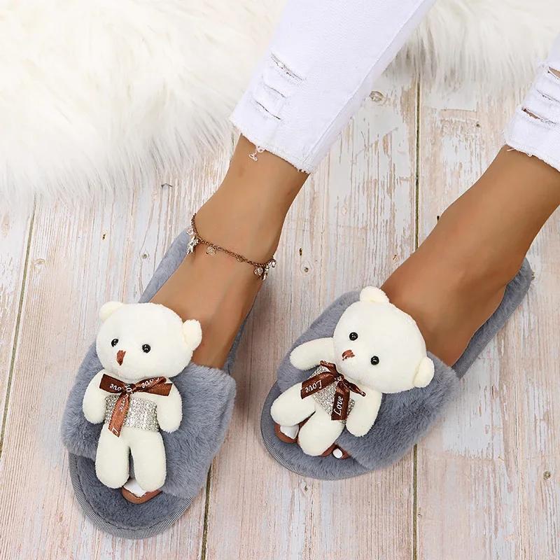 Fashion 2025 Fashion Women Winter House Furry Slippers Cute Bear Decoration Women's Slippers Soft Bottom Indoor Home Slides Mujer