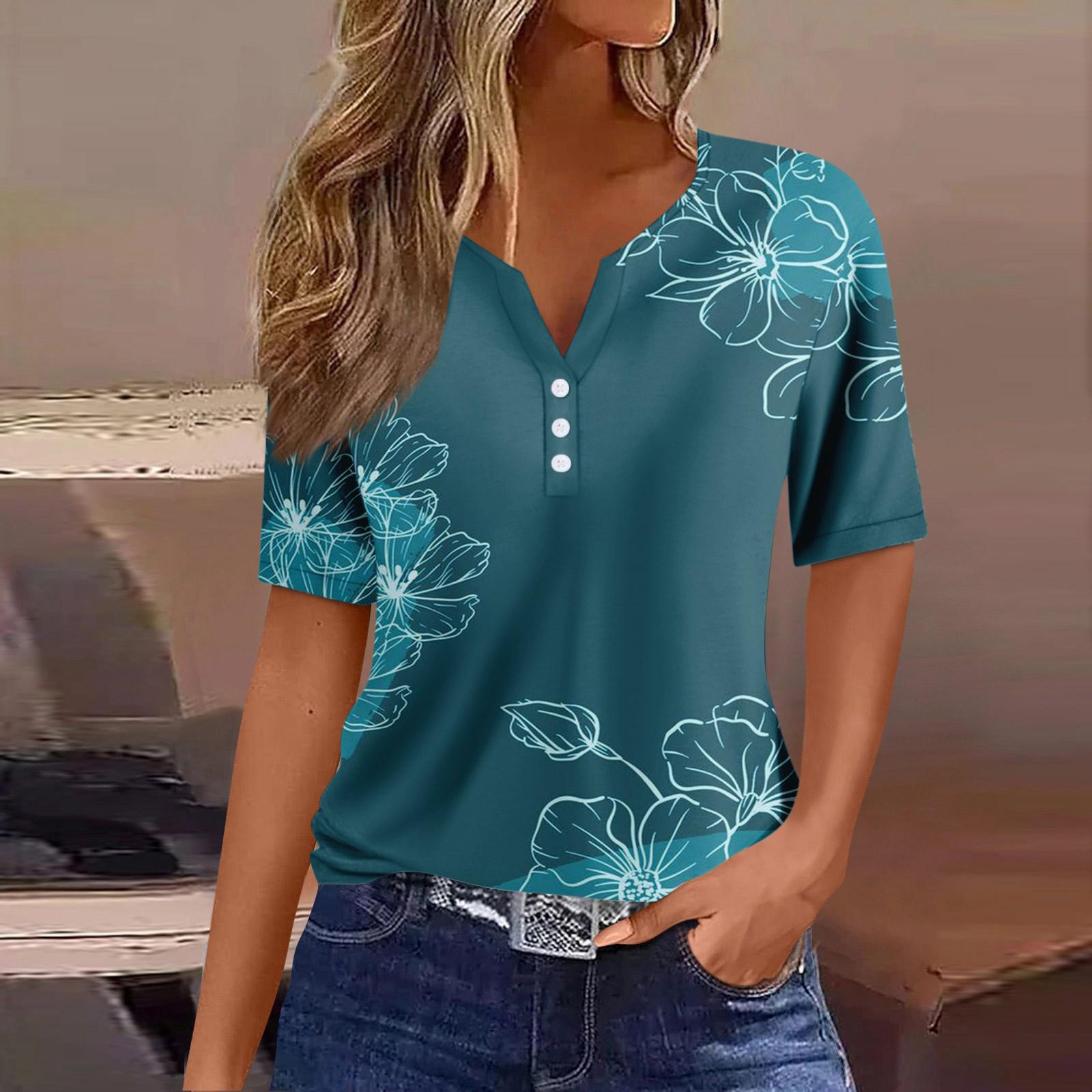 

Женская модная повседневная винтажная футболка с v-образным вырезом и коротким рукавом с декоративными пуговицами, топ L