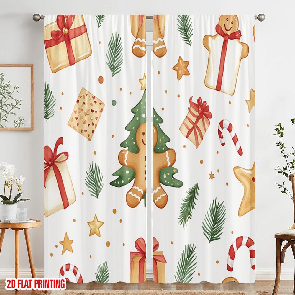 2pcs,2D Plane Printing Curtains Roller Blinds Christmas Tree Gifts Gingerbread Candy 100% Polyester (without Rod) Home Decor for