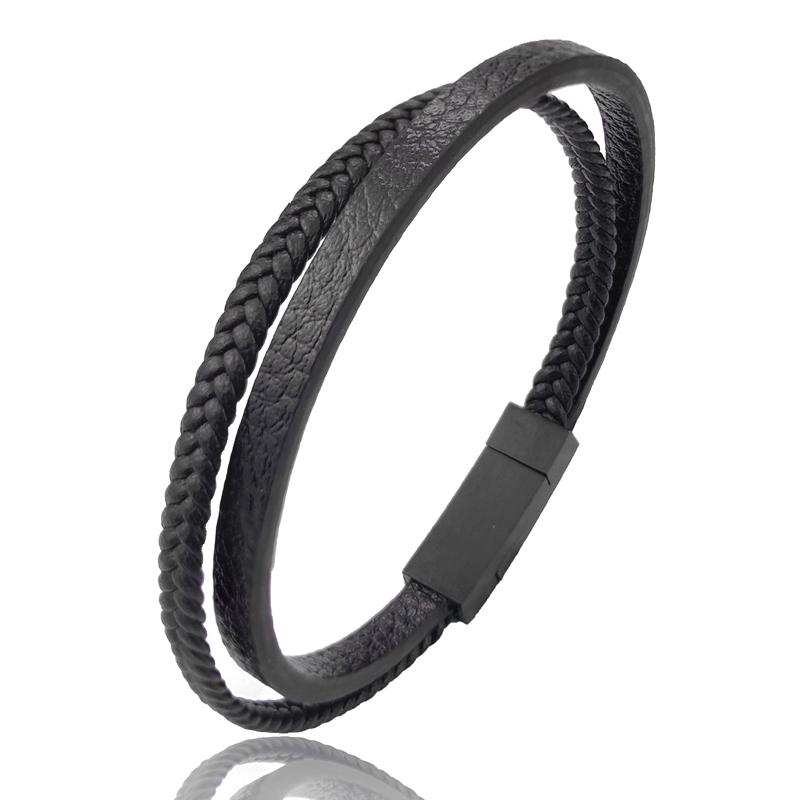 

MingAo Designer Charm New Simple Brown Leather Bracelet for Men Stainless Steel Magnetic Clasp Fashion Men Jewelry Bangles Gift 18.5cm чёрный