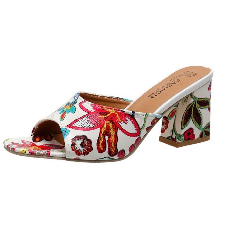 Women's Embroidered Peep Toe Square Heel Sandals, Single Strap Block Heel Plus Size Shoes