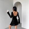 Women‘s Mesh Evening Dress - U Collar Bodycon Long Sleeve Dress with Flower Embroidery