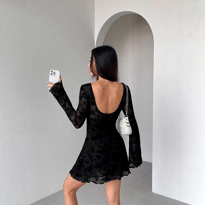 Women‘s Mesh Evening Dress - U Collar Bodycon Long Sleeve Dress with Flower Embroidery