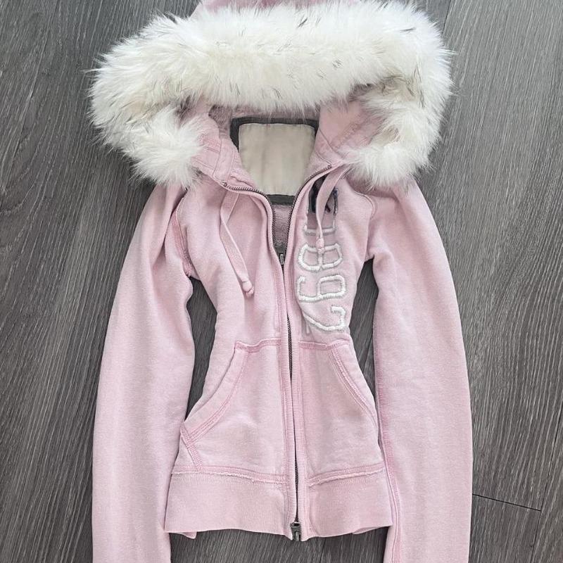 2KWEIRD Women Vintage Hooded Letter Printed Pockets Zipper Furry Patchwork Sexy Y2k Aesthetic Harajuku Coats Female