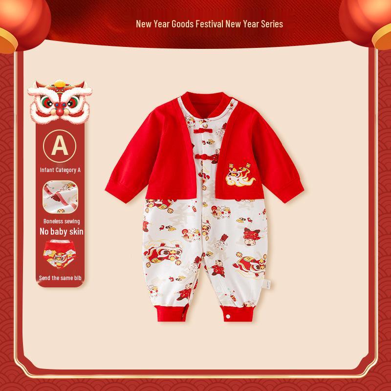 Chinese Style Newborn Long Sleeve Two-Piece Look Romper - Autumn Baby Bodysuit for Crawling