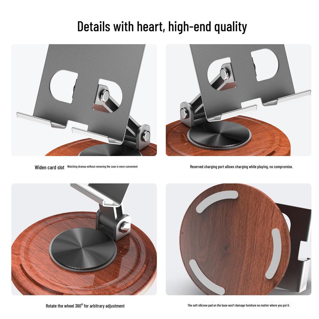 Walnut Finish Adjustable Metal Phone & Tablet Stand with 360° Rotation for Streaming