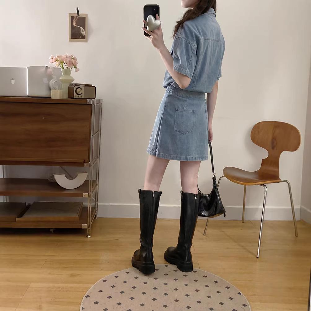 Hong Kong Style Retro Washed Denim Dress: Women's 2026 Summer Casual Waist-Cinched Short Skirt