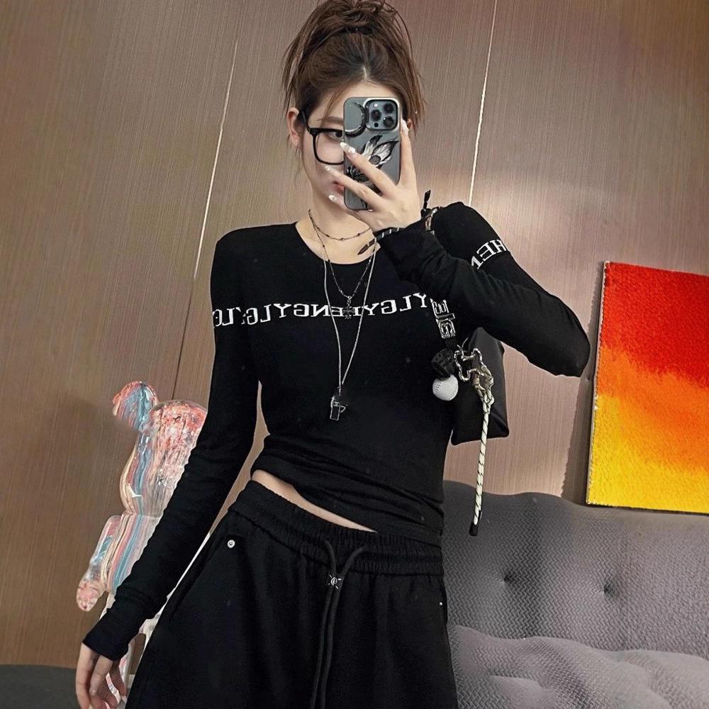 Plus Size Slim Fit Spicy Girl Letter Print Long Sleeve Top for Autumn 2025 - Flattering Base Layer T-shirt Ins Trend