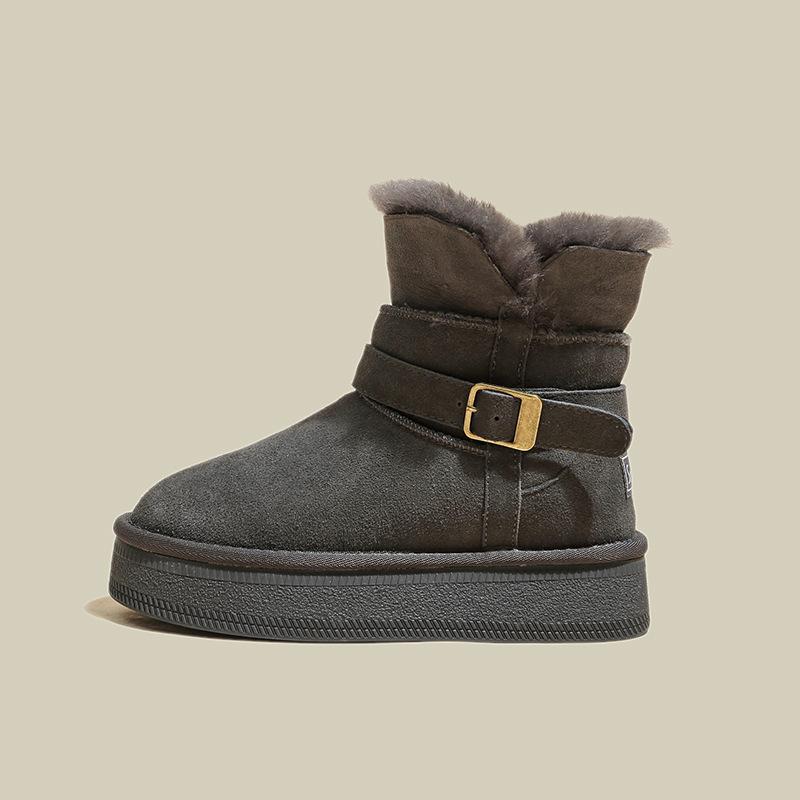 Warm flipped plush thick-soled medium tube snow boots for women to increase their height in winter, new leather fluffy thickened cotton shoes