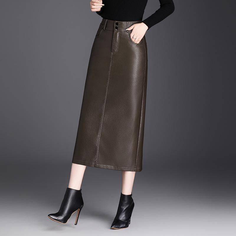 Ołówkowa Spódnica z PU Skóry z Kieszeniami, Wysoki Stan, Kolekcja Jesień/Zima 2025, Krój Prosty, Dopasowana.