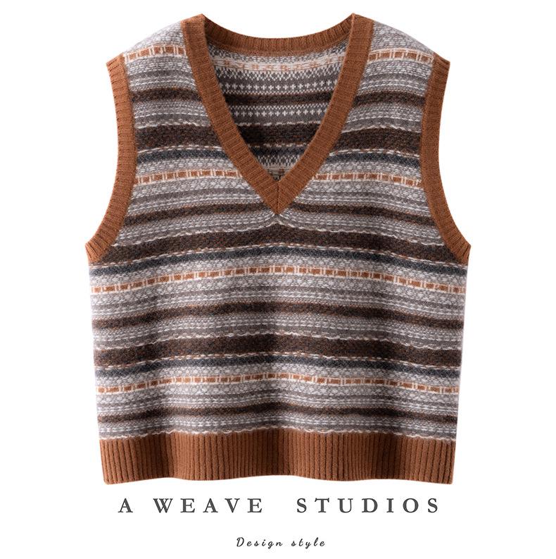 Women's Retro Color Block Cashmere Vest - 2025 Spring/Autumn V-Neck Sleeveless Knit Pullover