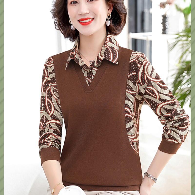 Middle Aged and Elderly Women's Fake Two-piece Base Shirts Women's Long Sleeved T-shirts Spring and Autumn