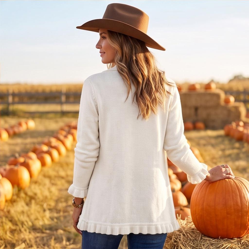 Women's Long Sleeve Ruffled Knit Cardigan Color Casual Top