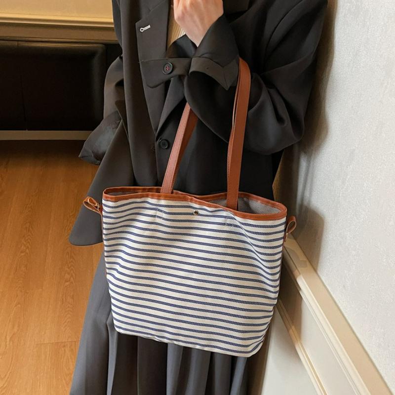 New Korean Style Large Capacity Striped Tote Bag Fashion Lazy Casual Commuter Canvas Shoulder Bag Casual Texture Bucket Bag