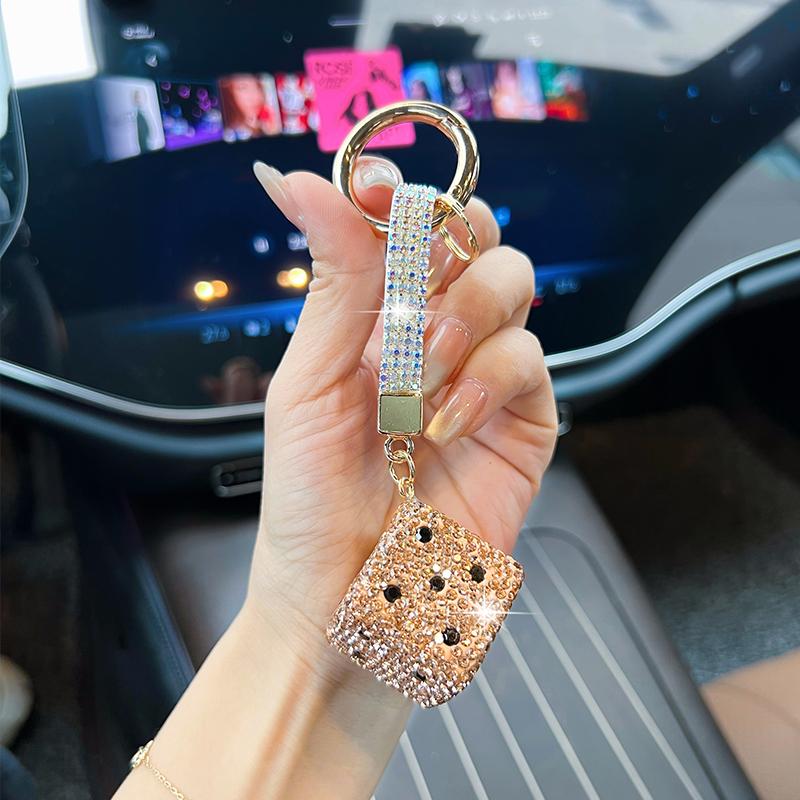Creative Diamond Rope Dice Car Key Chain Pendant Personality Full Diamond Sieve Bag Accessories Fashion Backpack Gifts