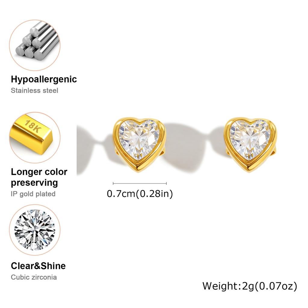 Light Luxury White Zircon Heart-shaped Stud Earrings for Women,Gold Color Stainless Steel Earrings,Trendy Jewelry Gift