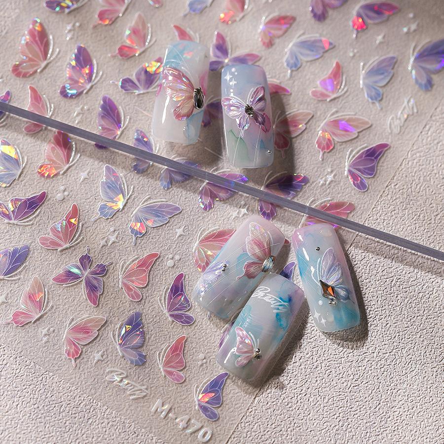 5D illusion polarized butterfly nail sticker pink purple blue fashionable self-adhesive butterfly nail art decoration sticker
