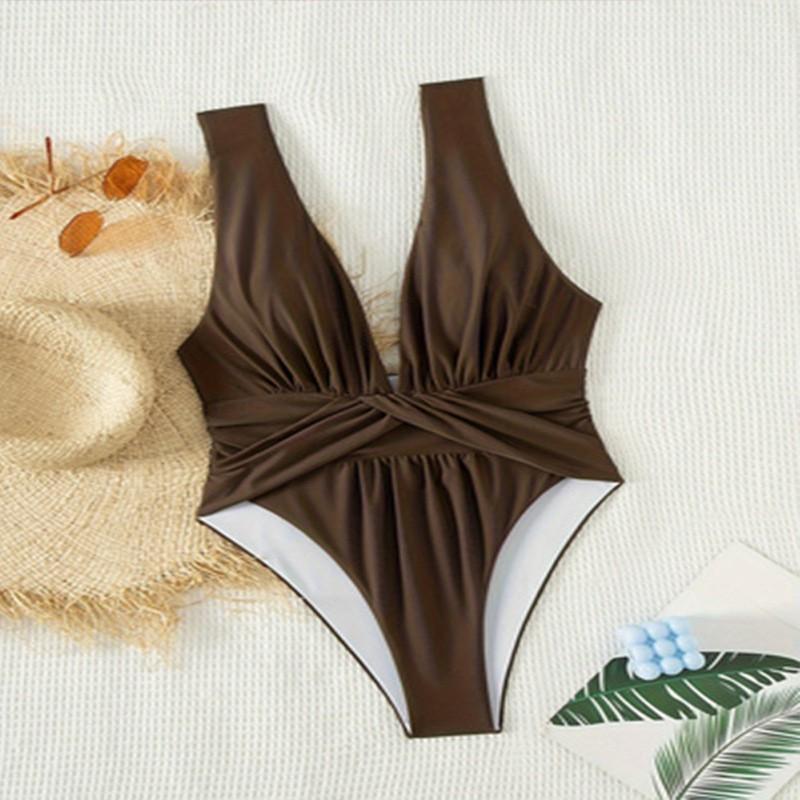 Solid Color V-neck Belly Covering Slimming One-piece Swimsuit Women Sexy Pleated Cross Bikini S коричневый