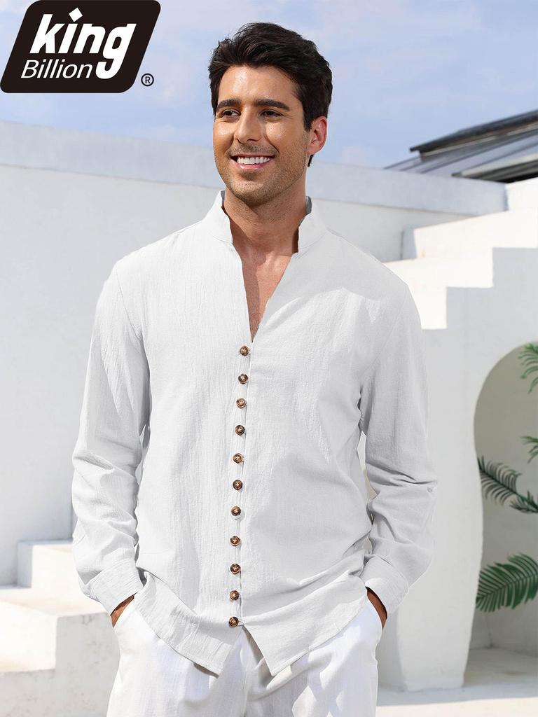 Men's Linen Cotton Blend Long Sleeve Shirt - Stylish Single Breasted Henley Neck Casual Tops for Daily Wear