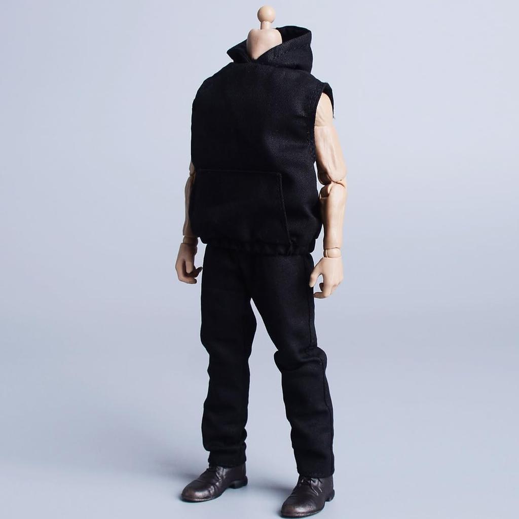 Meetoget 1/12 Scale Male Doll daily sports Sleeveless Hoodie Set Clothes for 6 inch Action Figure PM008US,black