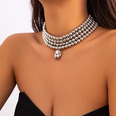 Exaggerated Beaded Multi-layer Stacked Punk Necklaces, Niche Simple Round Bead Chain Necklace Women