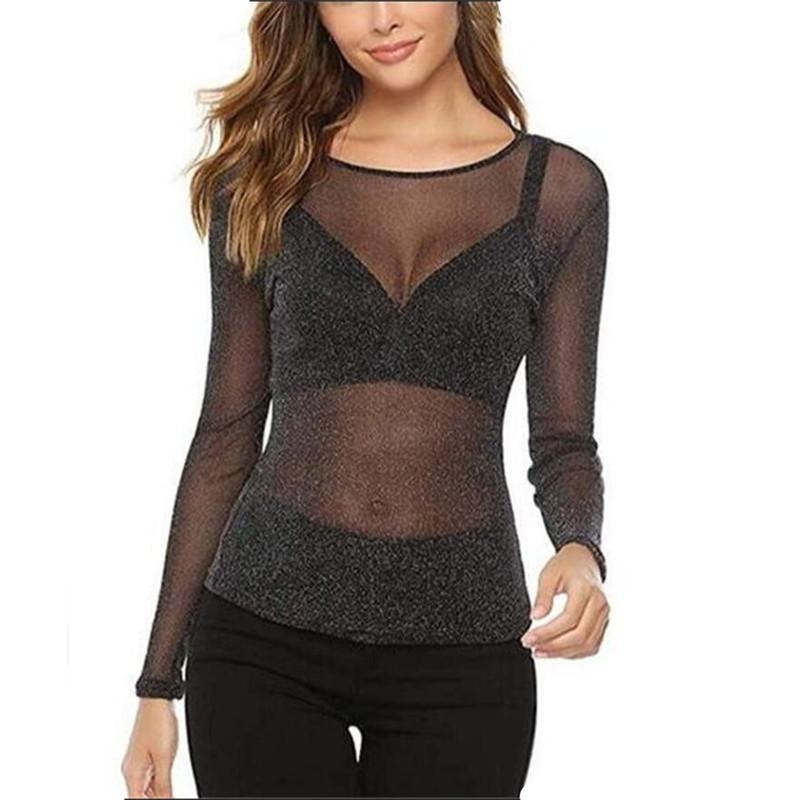 

Женская футболка с длинными рукавами из эластичной металлической сетки и прозрачным кружевом с вырезом L чёрный