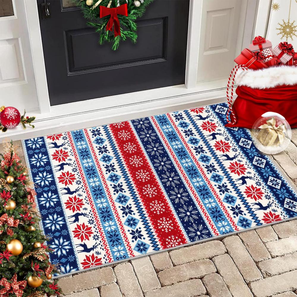 VIKAMA Christmas Entrance Rug Soft Bedroom & Kitchen Mat Geometric Non-Slip Front Door Doormat Christmas Home Decor