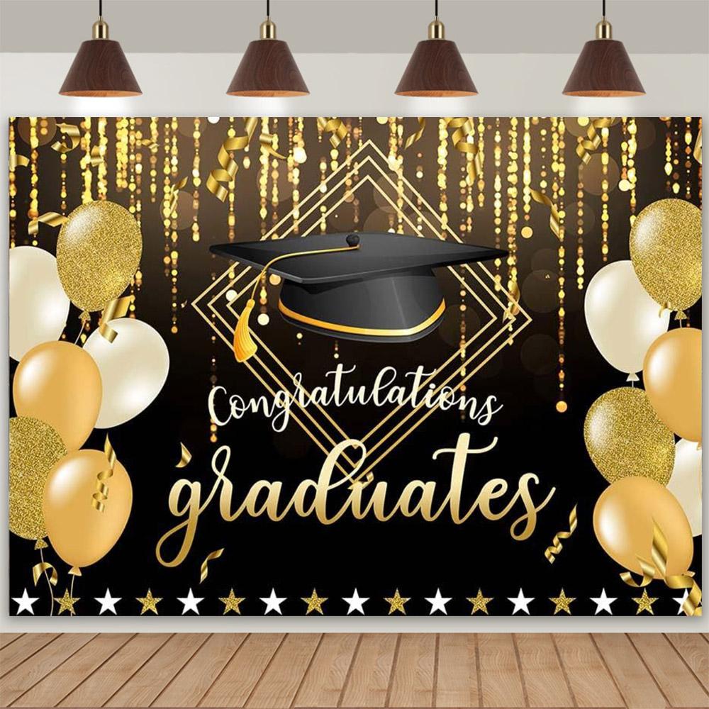 Abschlussfoto-Hintergrund, Glückwünsche, Abschlussfeier, Abschlusskappe mit gold-schwarzem Pailletten, Plakat mit personalisiertem Text, Banner