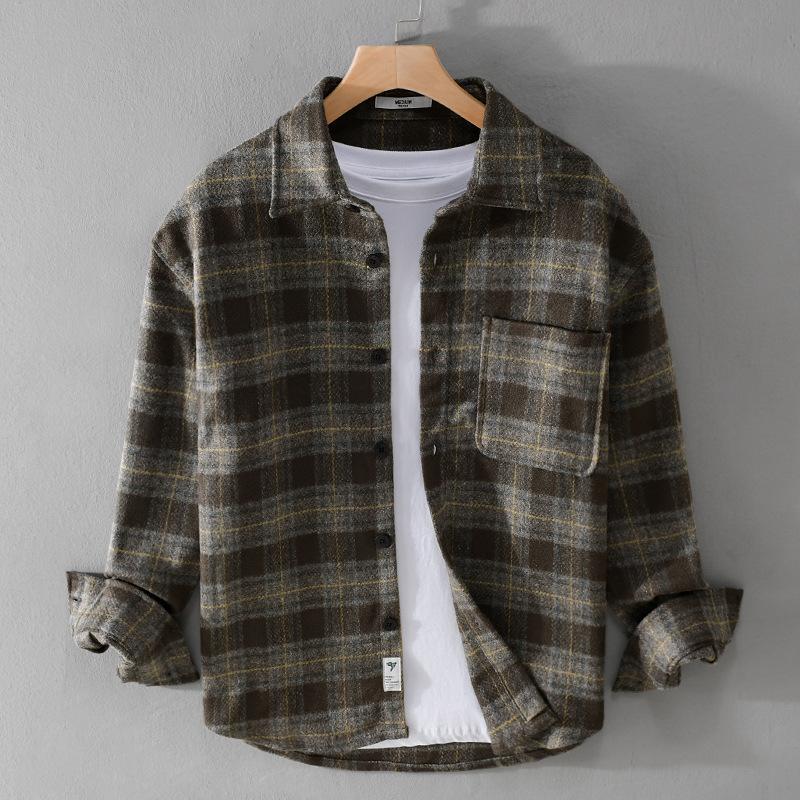 Frühling Herbst Shirts für Männer Täglich Casual Lose Hemd Tasche Revers Gebürstet Kariertes Hemd Harajuku Mode Langarm Männer Tops