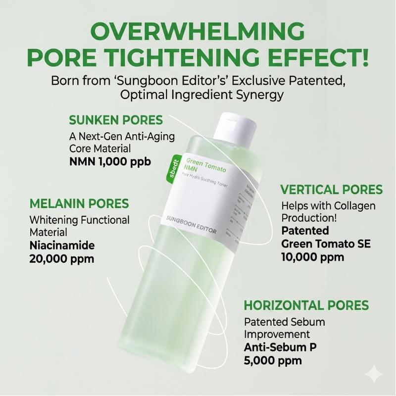 Sungboon Editor Green Tomato NMN Pore Lifting Ampoule + Pore Hydro Soothing Toner Set Pore Tightening & Hydration Care