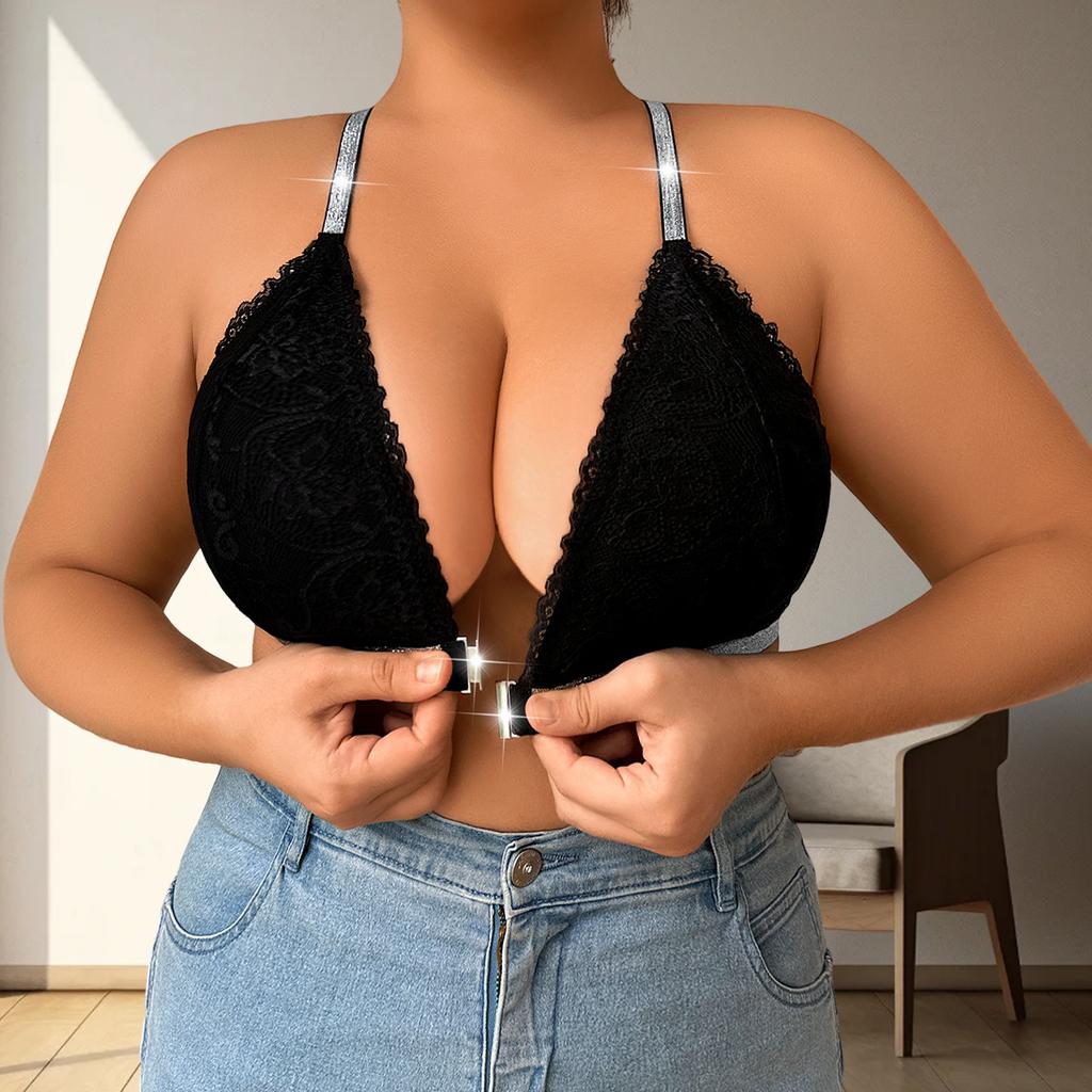 Reggiseno Wireless a Collo Alto con Spalline in Pizzo Rosso Glitterato