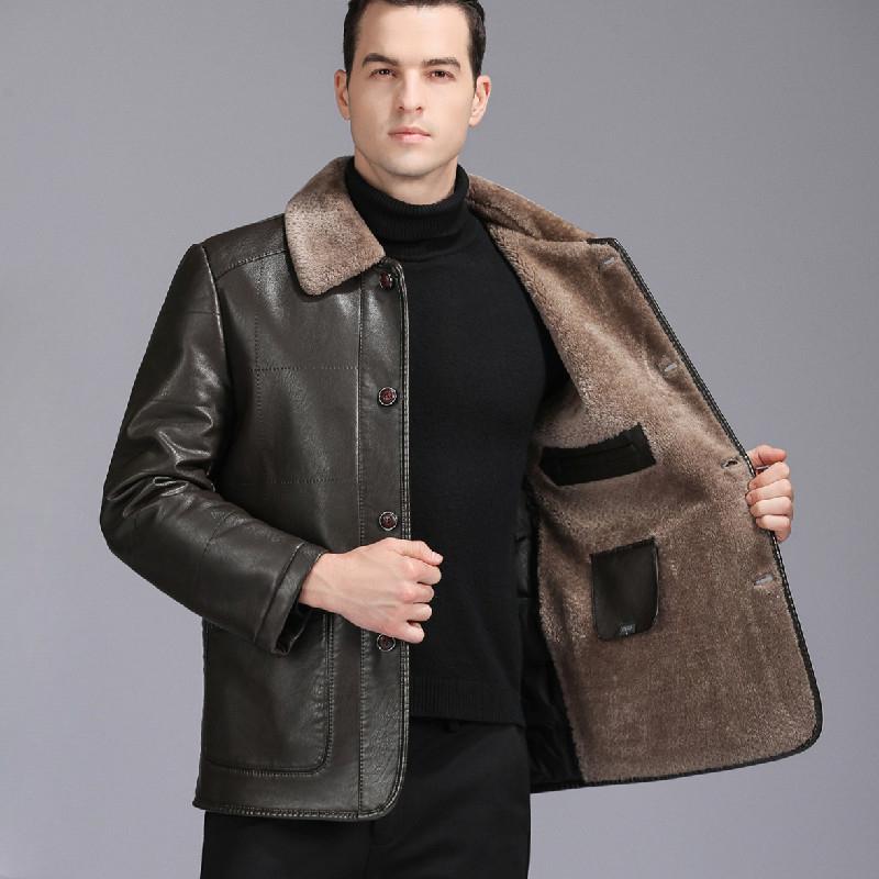 

Зимняя куртка из утолщенной кожи с бархатом, мужская куртка из натуральной кожи с лацканами из овчины, теплое пальто для людей среднего и пожилого возраста с интегрированным мехом 5XL