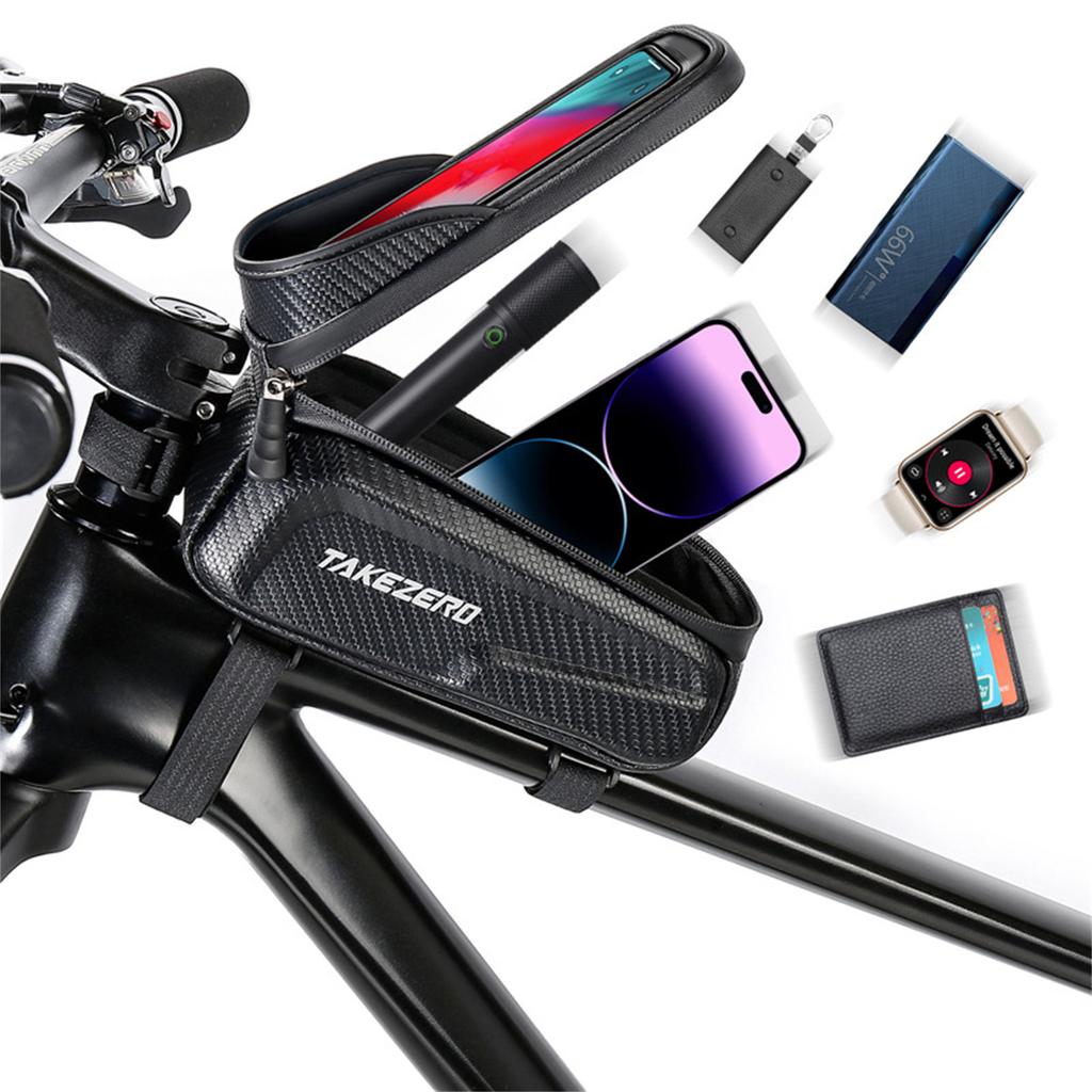 Bike Top Tube Bag with EVA Hard Shell Waterproof Front Frame Mount with Clear Window for Phone Storage Compatible with Most Bicycle Models