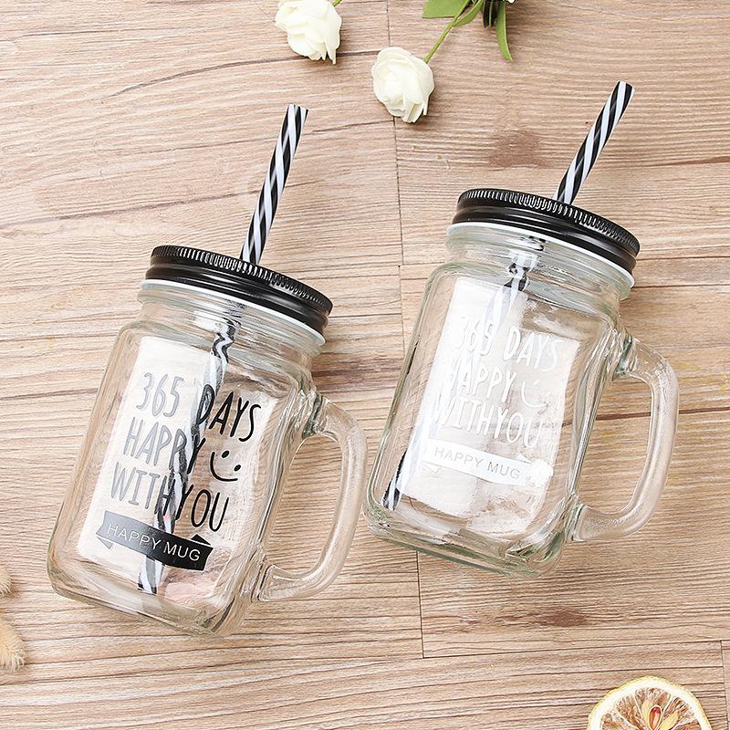 English Letter Straw Cup Creative Rooster Cup Fresh Home with Lid Glass Milk Tea Packaging Mason Cup