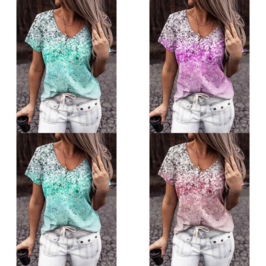 Elegant Womens V-neck Short Sleeve Floral Print Tops T-shirt For Casual Wear