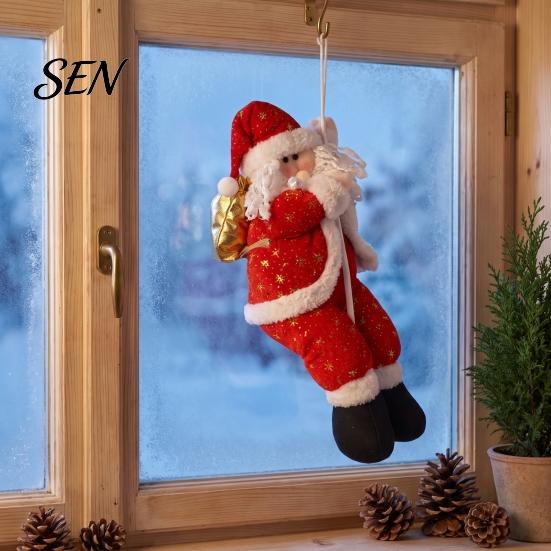 Father Christmas Fabric Pendant Santa Claus Climbing Decoration, Tree Hanging Ornament Holiday Party Accents with Rope for Party, Indoor Home