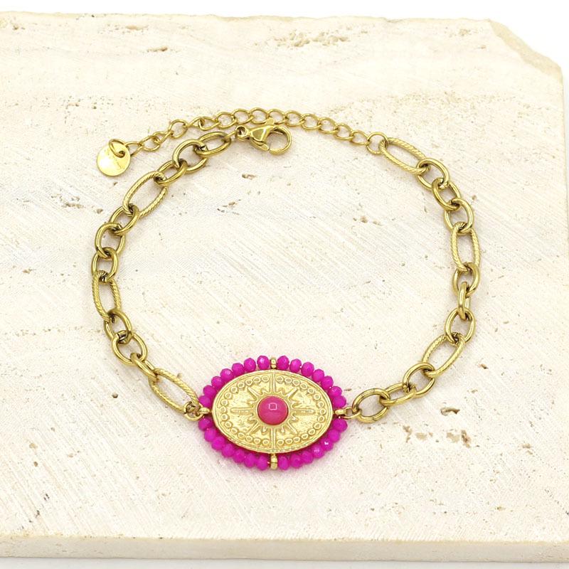 Gold Thick Chain Bracelet with Inlaid Gemstones & Wrapped Crystal Pendant - Retro European-American Style розы красного