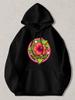 Black Pullover Hoodie with Vibrant Tropical Hibiscus Flower And Berry Vine Graphic Casual Streetwear Sweatshirt for Daily Wear