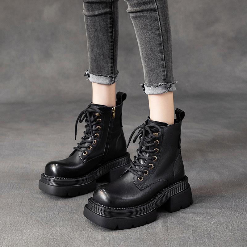 The First Layer of Cowhide Martin Boots for Women In the Autumn and Winter of 2025, the New Retro Lace-up Leather Platform Muffin Shoes for Women Wi