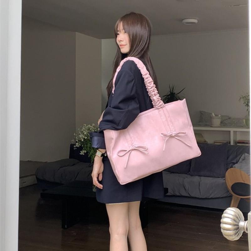 Sweet Cute Pink Bow Tote Bag Women Large Capacity Pleated Handle Shoulder Bag Ladies Casual Versatile Crossbody Purse Chic 2025