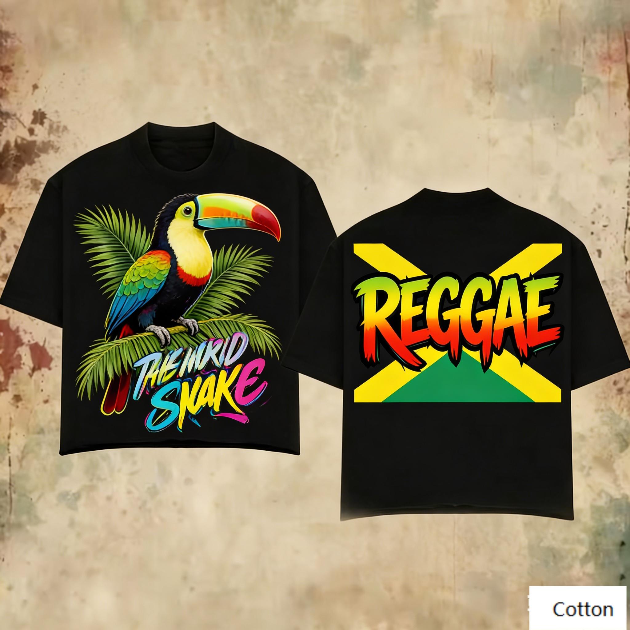 

Oversized Black Cotton TShirt with Bold Toucan Graphic and REGGAE Text Unisex Streetwear Tee for Unisex and Women M