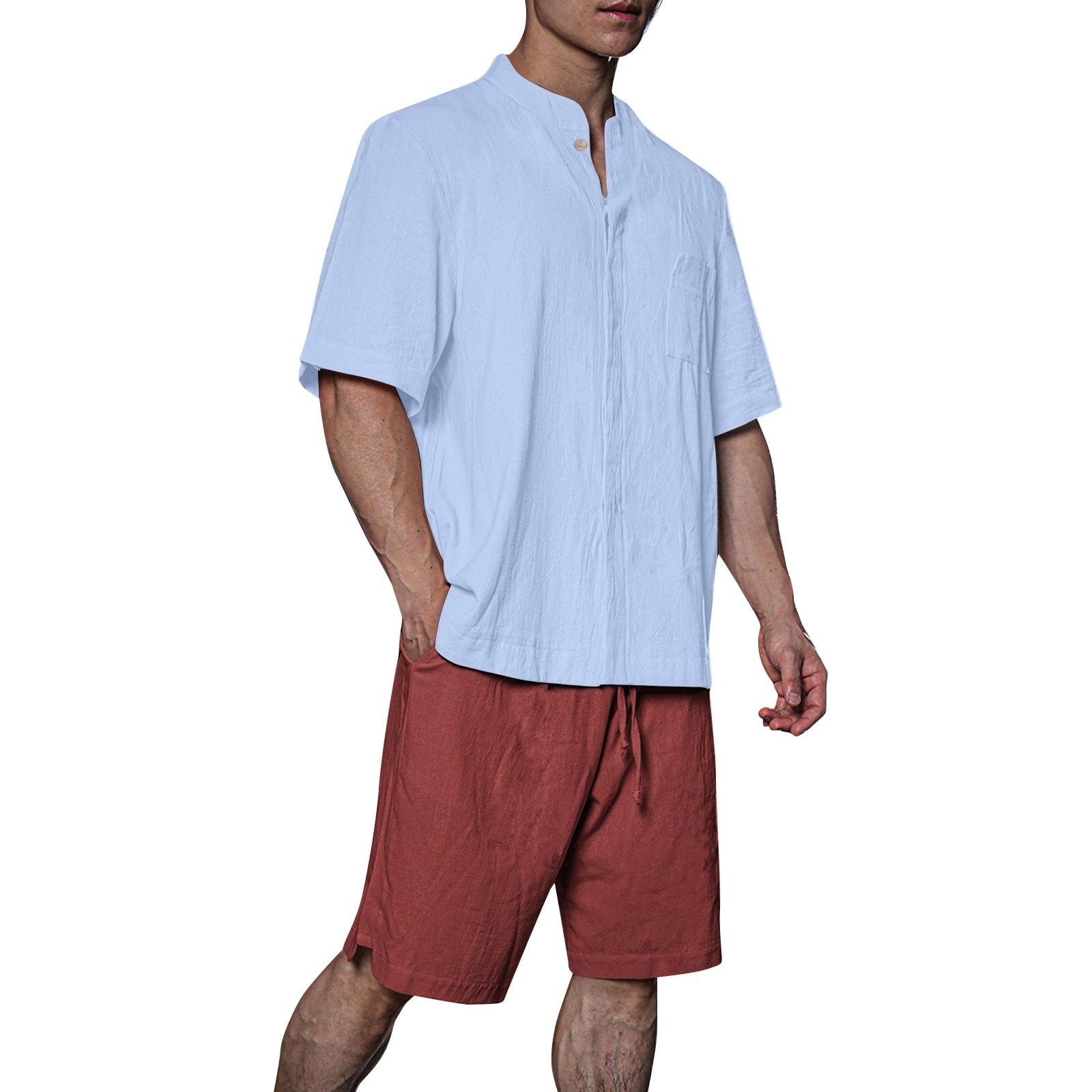 

Мужская однотонная рубашка без воротника с карманами из хлопка и льна на четверть пуговицы XL