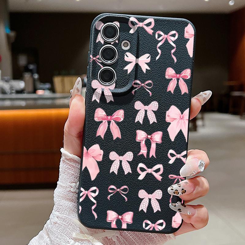 Stoßfeste schlanke Handyhülle mit rosa Schleifendruck für Samsung S25 S24 FE S23 Ultra S22 A56 A36 A16 A55 A26 A35 Ledertextur TPU Weiche matte Bumperabdeckung
