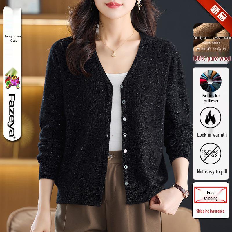 Women's V-Neck Pure Wool Cardigan Sweater - Solid Color, Long Sleeve, Trendy Casual Outerwear.