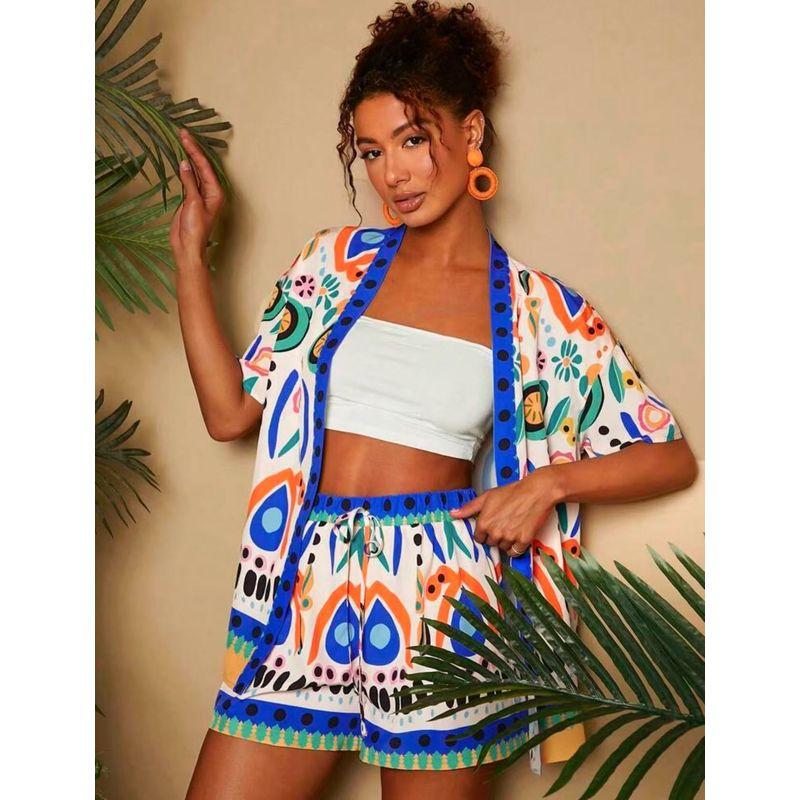 

Printed Set Women clothes 2025 European and American Summer New Fashion Casual Print Cardigan Short sleeve Shorts Set Blue M