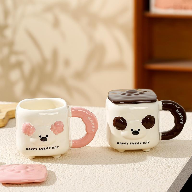 Cute Puppy with Lid Water Cup Large Capacity Cartoon Dog Ceramic Cup Household High Value Mug Souvenir
