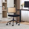 Vintage Rattan Office Chair with Wheels - Adjustable Swivel Desk Chair with Chenille Fabric Seat & Wooden Frame for Home Office, Living Room-Black