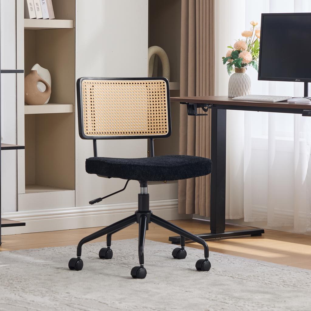 Vintage Rattan Office Chair with Wheels - Adjustable Swivel Desk Chair with Chenille Fabric Seat & Wooden Frame for Home Office, Living Room-Black