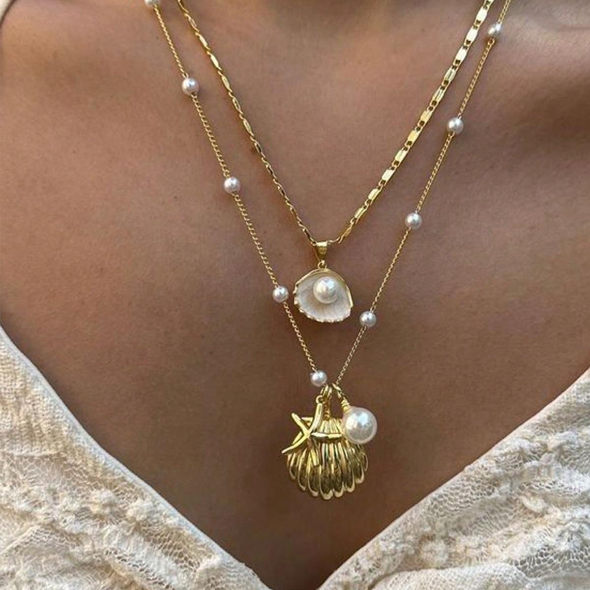 

2pcs/set Fashion Shell Starfish Imitation Pearls Pendant Necklace for Women Summer Beach Jewelry Accessories золотой