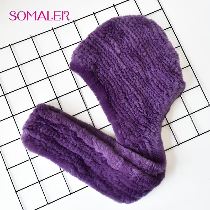 SOMALER Vinter kaninpelshue Skjerf for kvinner Russisk stil strikket pelsbeanies og skjerf